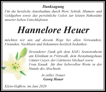 Traueranzeige von Hannelore Heuer von Märkischen Allgemeine Zeitung