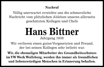 Traueranzeige von Hans Bittner von Aller Zeitung