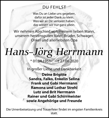 Traueranzeige von Hans-Jörg Herrmann von Leipziger Volkszeitung