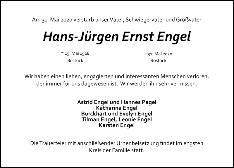  Traueranzeige für Hans-Jürgen Ernst Engel vom 18.07.2020 aus Ostsee-Zeitung GmbH