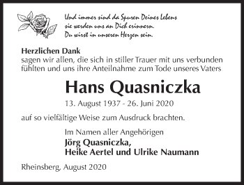 Traueranzeige von Hans Quasniczka von Märkischen Allgemeine Zeitung