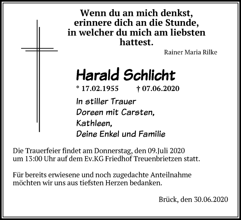  Traueranzeige für Harald Schlicht vom 02.07.2020 aus Märkischen Allgemeine Zeitung