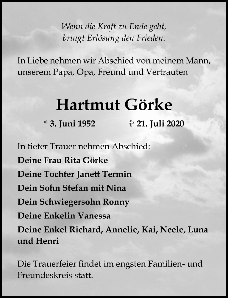  Traueranzeige für Hartmut Görke vom 25.07.2020 aus Ostsee-Zeitung GmbH
