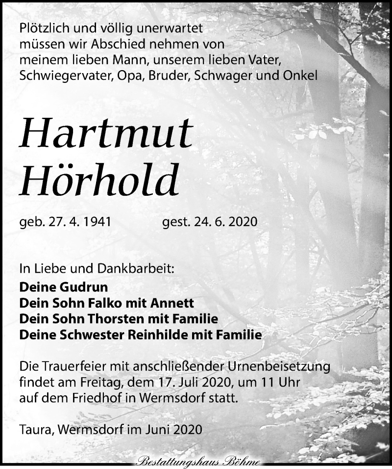  Traueranzeige für Hartmut Hörhold vom 04.07.2020 aus Leipziger Volkszeitung