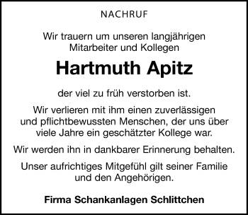 Traueranzeige von Hartmuth Apitz von Leipziger Volkszeitung