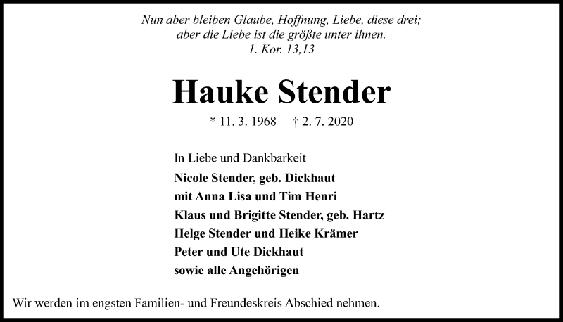  Traueranzeige für Hauke Stender vom 04.07.2020 aus Kieler Nachrichten