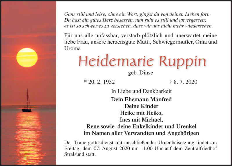  Traueranzeige für Heidemarie Ruppin vom 25.07.2020 aus Ostsee-Zeitung GmbH