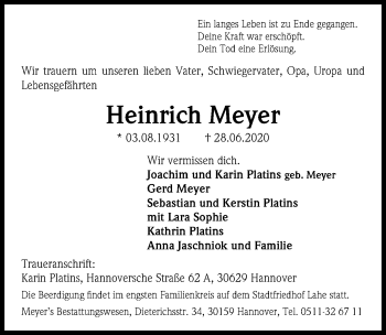 Traueranzeige von Heinrich Meyer von Hannoversche Allgemeine Zeitung/Neue Presse