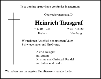 Traueranzeige von Heinrich Tausgraf von Lübecker Nachrichten