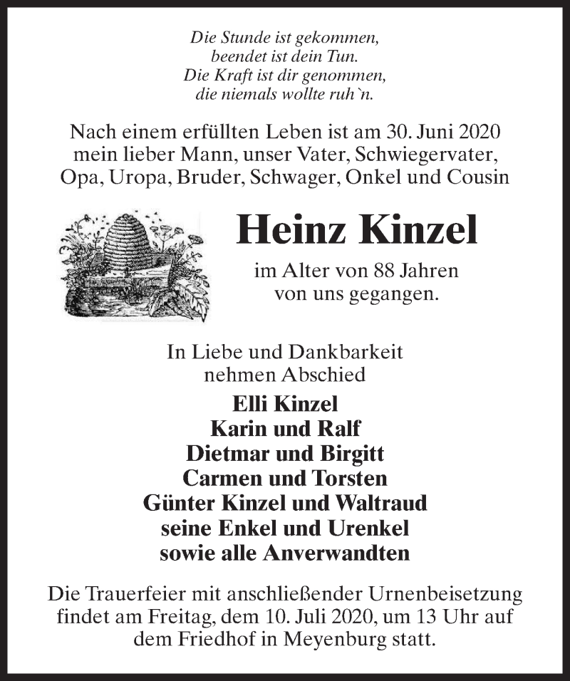 Traueranzeige für Heinz Kinzel vom 04.07.2020 aus Märkischen Allgemeine Zeitung
