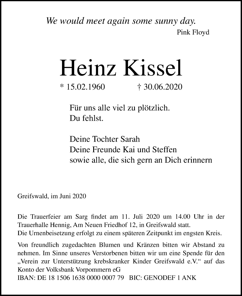  Traueranzeige für Heinz Kissel vom 04.07.2020 aus Ostsee-Zeitung GmbH