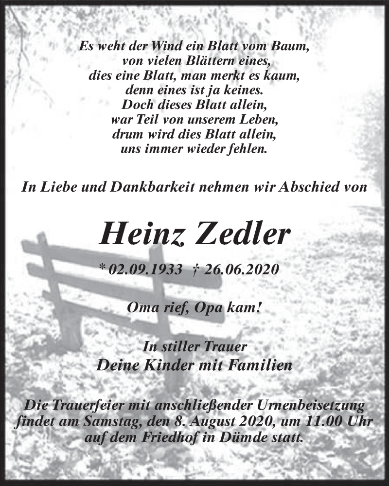  Traueranzeige für Heinz Zedler vom 11.07.2020 aus Märkischen Allgemeine Zeitung