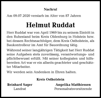 Traueranzeige von Helmut Ruddat von Kieler Nachrichten