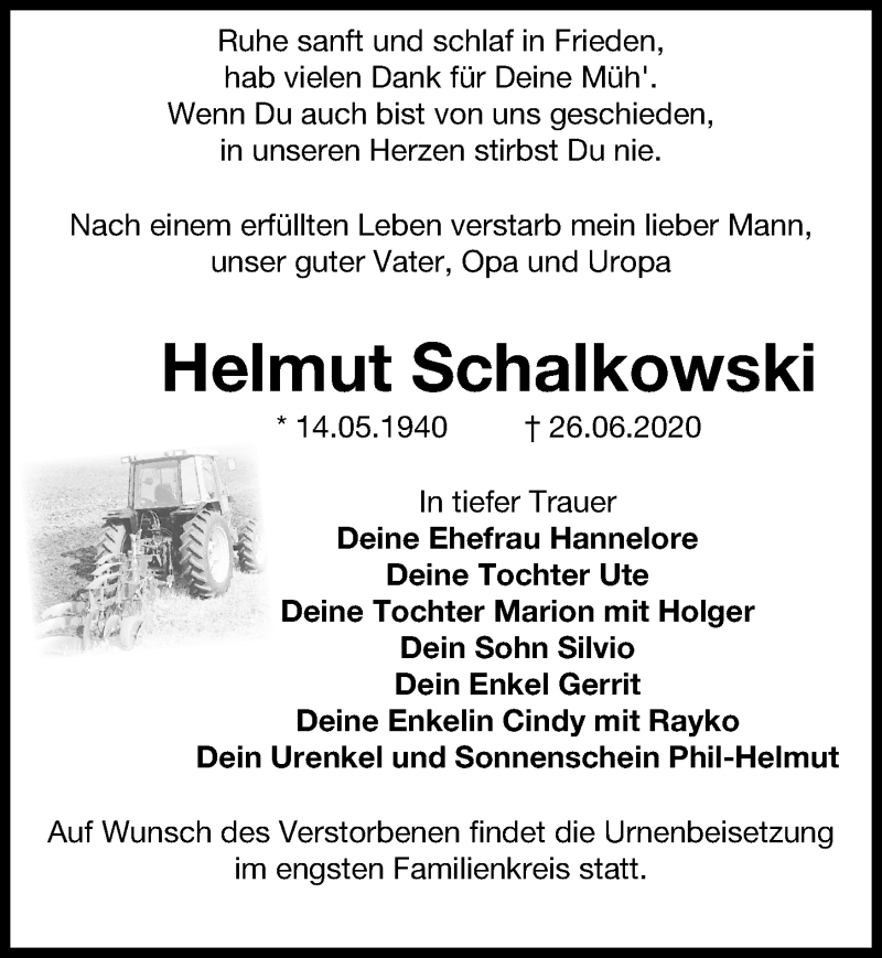  Traueranzeige für Helmut Schalkowski vom 04.07.2020 aus Märkischen Allgemeine Zeitung