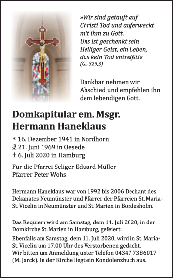 Traueranzeige von Hermann Haneklaus von Kieler Nachrichten