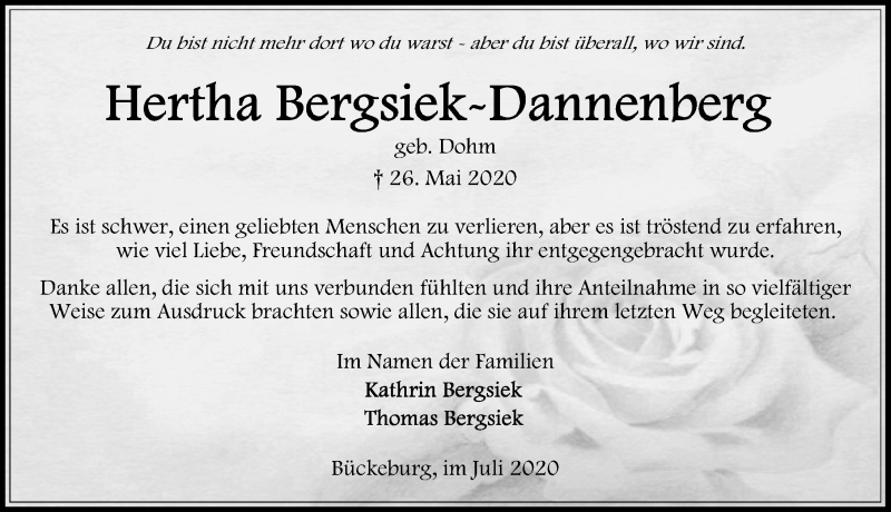  Traueranzeige für Hertha Bergsiek-Dannenberg vom 18.07.2020 aus Schaumburger Nachrichten