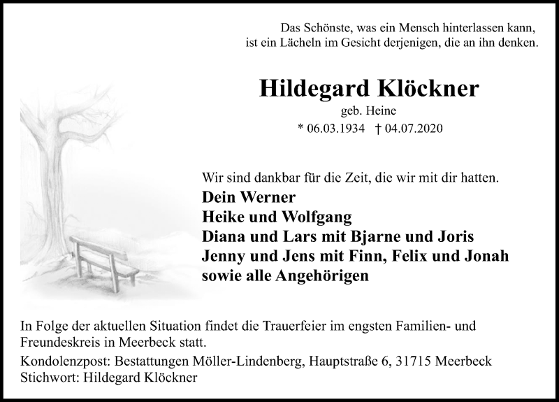  Traueranzeige für Hildegard Klöckner vom 11.07.2020 aus Schaumburger Nachrichten