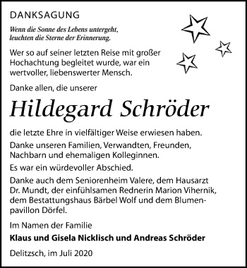 Traueranzeige von Hildegard Schröder von Leipziger Volkszeitung