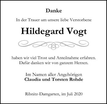 Traueranzeige von Hildegard Vogt von Leipziger Volkszeitung