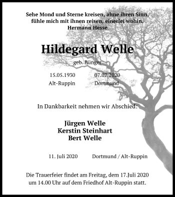 Traueranzeige von Hildegard Welle von Märkischen Allgemeine Zeitung