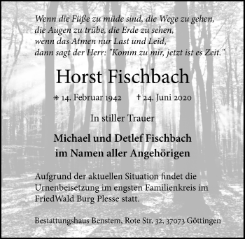Traueranzeige von Horst Fischbach von Göttinger Tageblatt