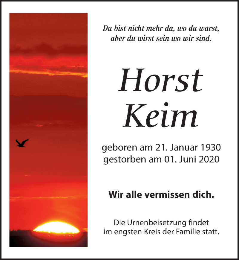 Traueranzeige für Horst Keim vom 11.07.2020 aus Leipziger Volkszeitung