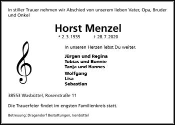 Traueranzeige von Horst Menzel von Aller Zeitung