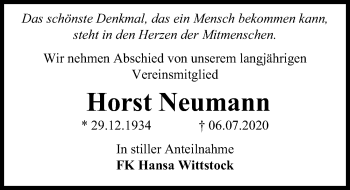 Traueranzeige von Horst Neumann von Märkischen Allgemeine Zeitung