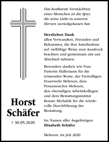Traueranzeige von Horst Schäfer von Peiner Allgemeine Zeitung