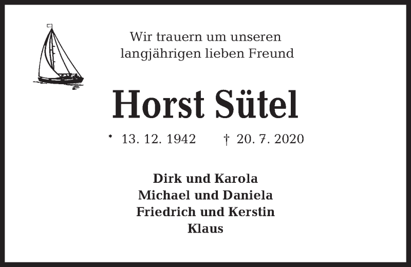  Traueranzeige für Horst Sütel vom 01.08.2020 aus Kieler Nachrichten