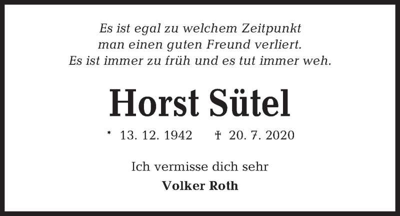  Traueranzeige für Horst Sütel vom 01.08.2020 aus Kieler Nachrichten
