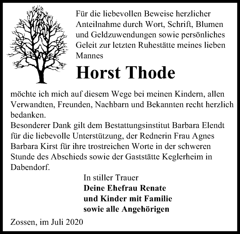  Traueranzeige für Horst Thode vom 18.07.2020 aus Märkischen Allgemeine Zeitung