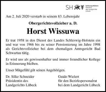 Traueranzeige von Horst Wissuwa von Lübecker Nachrichten