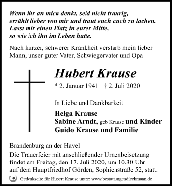 Traueranzeige von Hubert Krause von Märkischen Allgemeine Zeitung