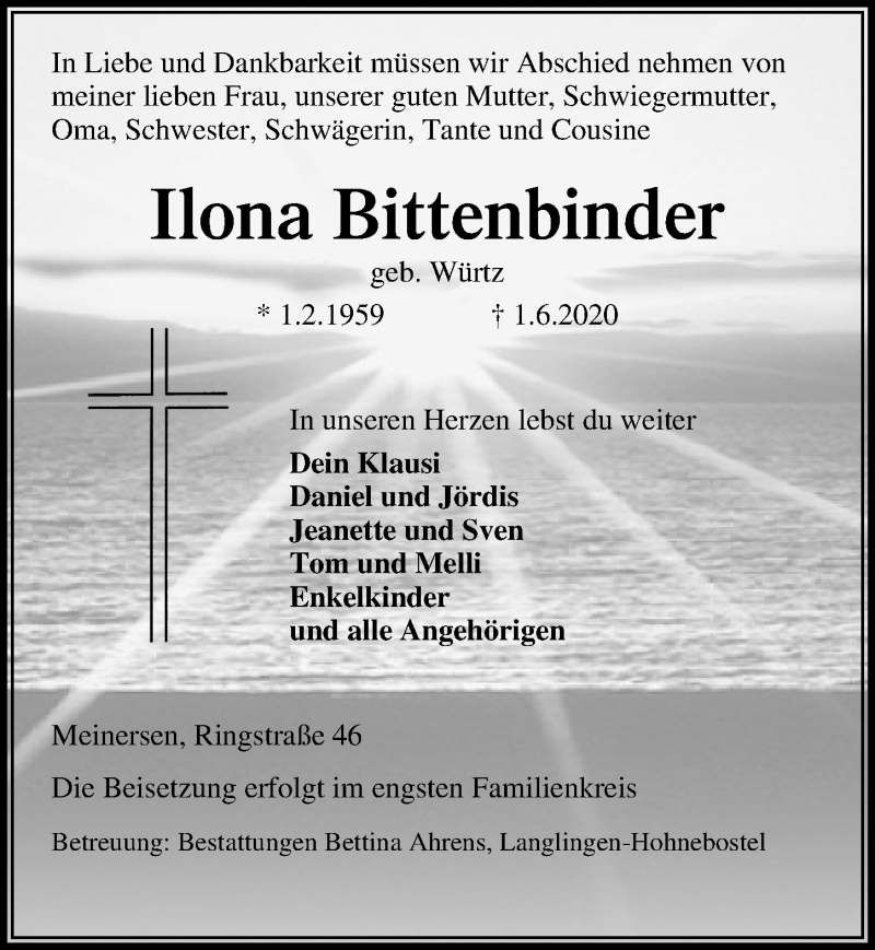  Traueranzeige für Ilona Bittenbinder vom 03.07.2020 aus Aller Zeitung