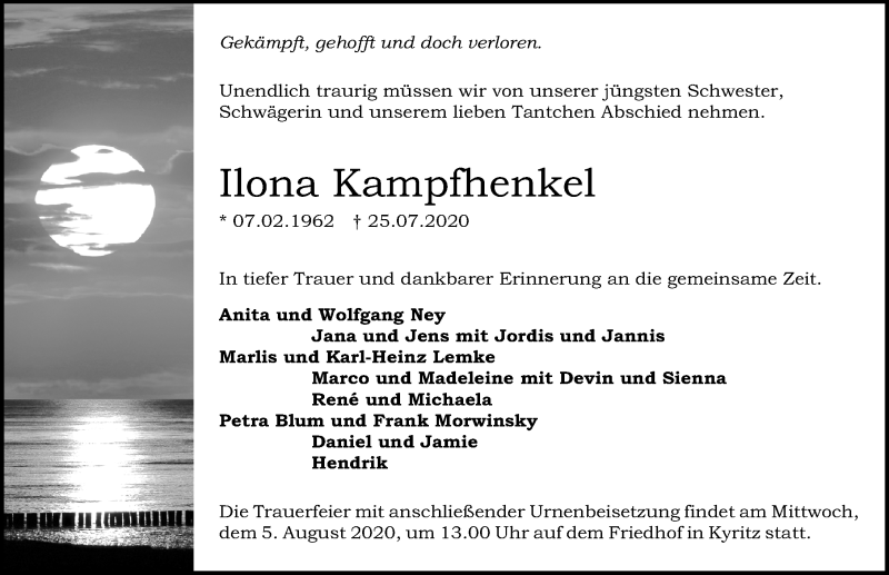  Traueranzeige für Ilona Kampfhenkel vom 30.07.2020 aus Märkischen Allgemeine Zeitung