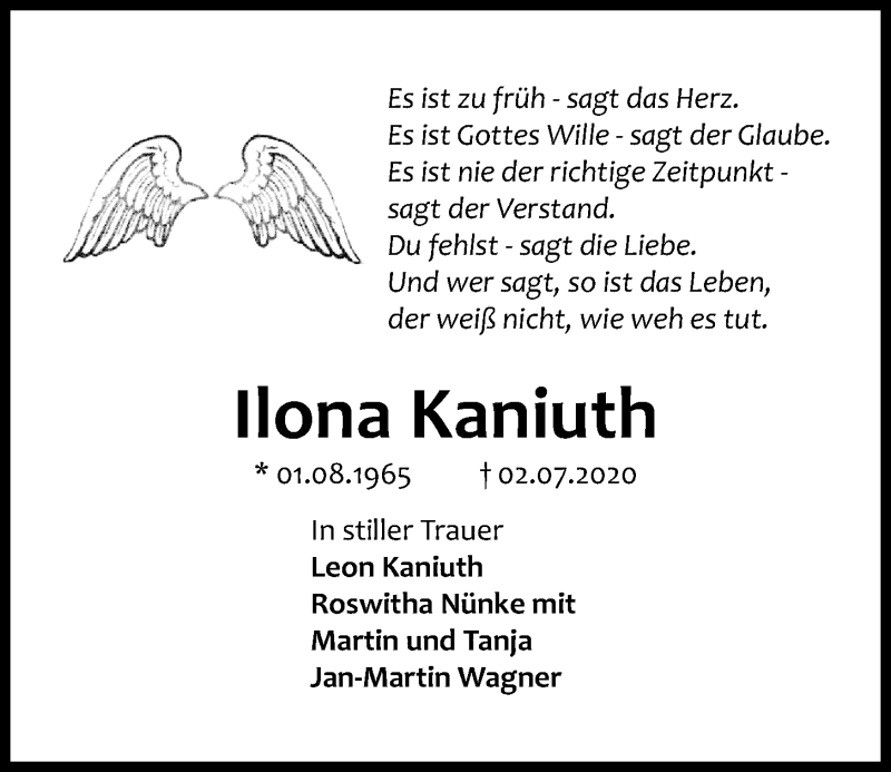  Traueranzeige für Ilona Kaniuth vom 11.07.2020 aus Kieler Nachrichten