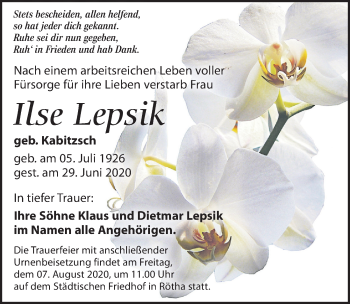 Traueranzeige von Ilse Lepsik von Leipziger Volkszeitung