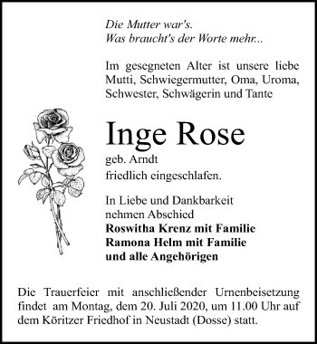 Traueranzeige von Inge Rose von Märkischen Allgemeine Zeitung