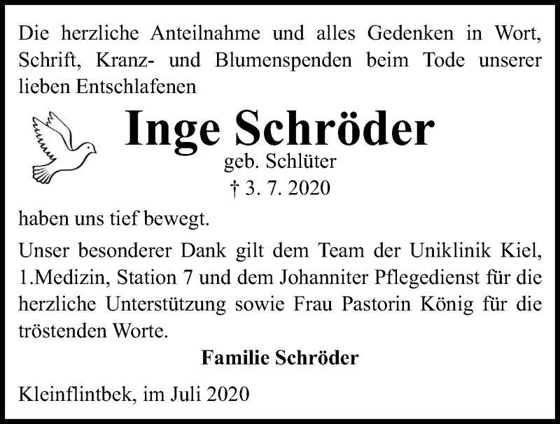  Traueranzeige für Inge Schröder vom 18.07.2020 aus Kieler Nachrichten