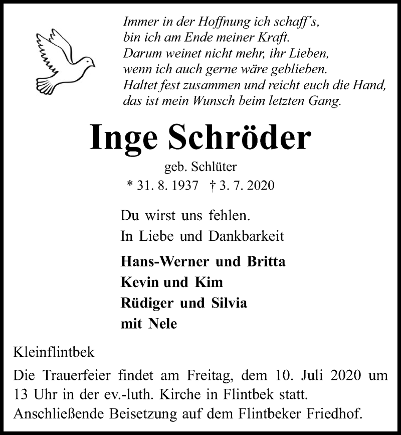  Traueranzeige für Inge Schröder vom 08.07.2020 aus Kieler Nachrichten