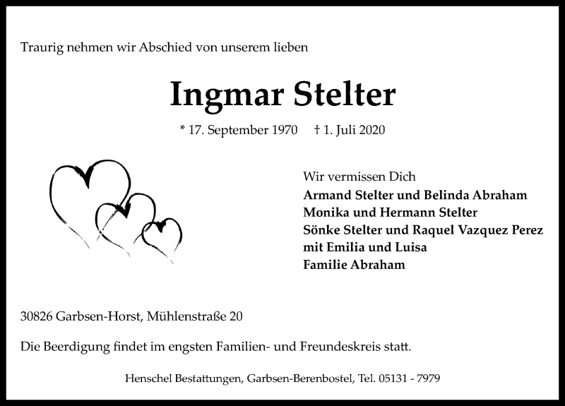 Traueranzeige für Ingmar Stelter vom 11.07.2020 aus Hannoversche Allgemeine Zeitung/Neue Presse