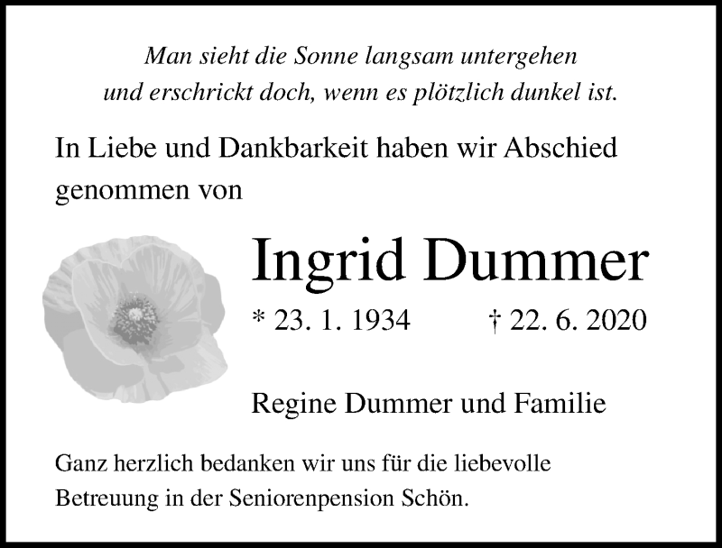  Traueranzeige für Ingrid Dummer vom 05.07.2020 aus Lübecker Nachrichten