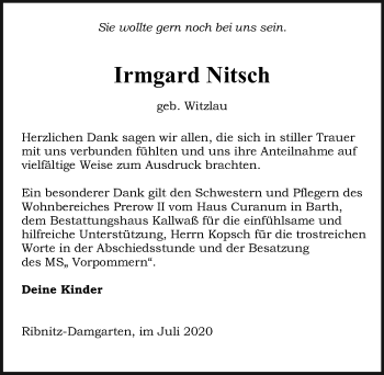 Traueranzeige von Irmgard Nitsch von Ostsee-Zeitung GmbH