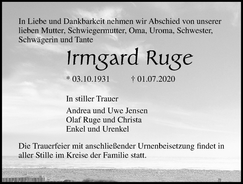  Traueranzeige für Irmgard Ruge vom 04.07.2020 aus Ostsee-Zeitung GmbH