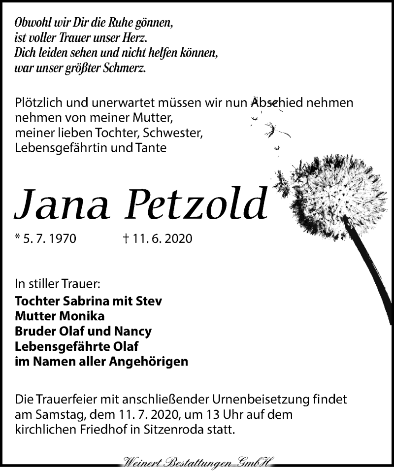  Traueranzeige für Jana Petzold vom 04.07.2020 aus Torgauer Zeitung