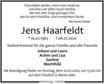 Traueranzeige von Jens Haarfeldt von Leipziger Volkszeitung