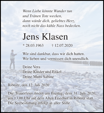 Traueranzeige von Jens Klasen von Ostsee-Zeitung GmbH