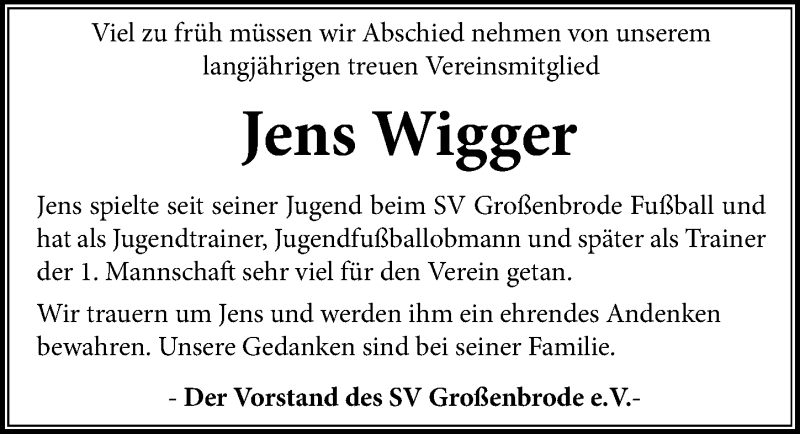  Traueranzeige für Jens Thorsten Wigger vom 29.07.2020 aus Lübecker Nachrichten