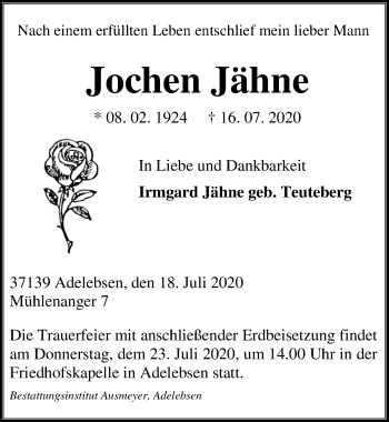 Traueranzeige von Jochen Jähne von Göttinger Tageblatt